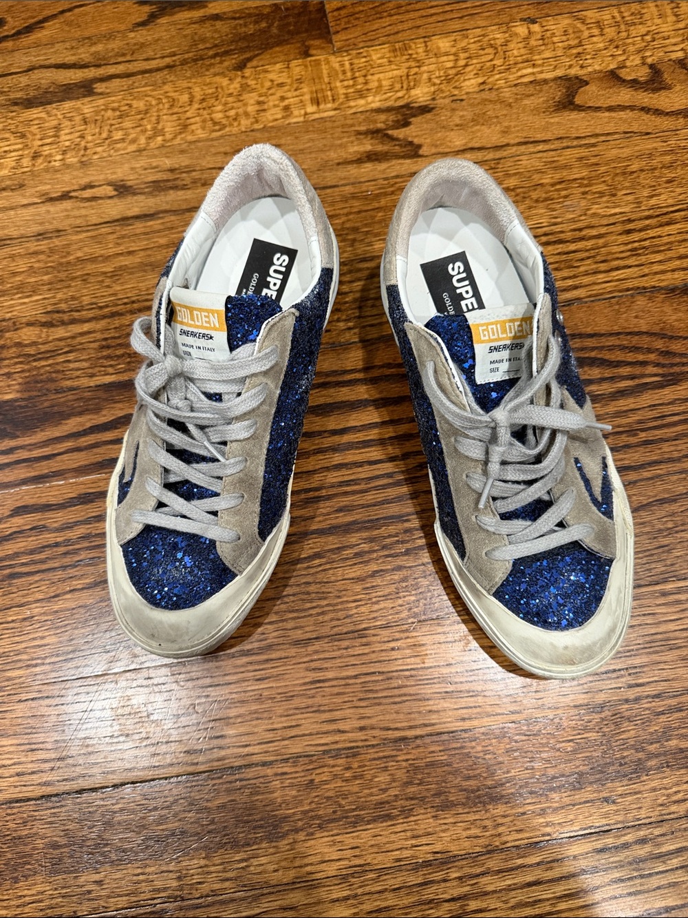 Golden Goose Women's Blue Glitter Superstar Sneakers with Grey Suede